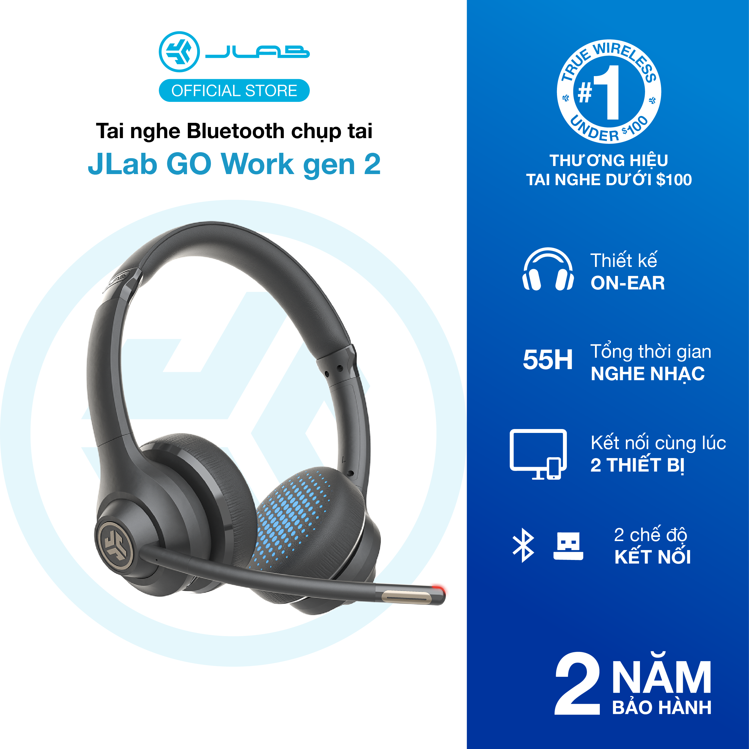 Tai nghe Bluetooth chụp Tai Jlab Go Work gen 2 thời gian nghe 45H kết nối 2 thiết bị Micro lọc tiếng ồn khi gọi điện