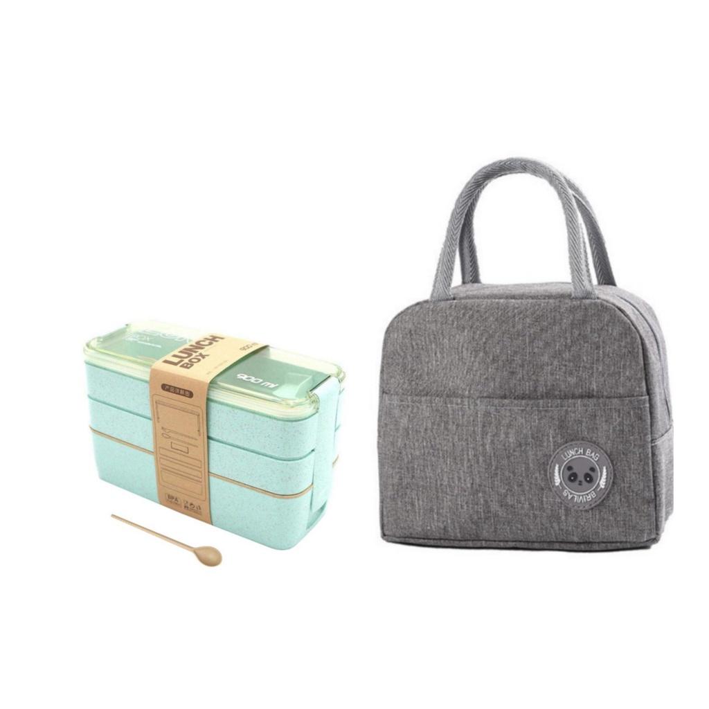 Combo hộp cơm lúa mạch 3 tầng 900ml+túi giữ nhiệt trơn logo gấu- Hộp cơm size ngang 17.5cm x cao 11cm x rộng 7.5cm