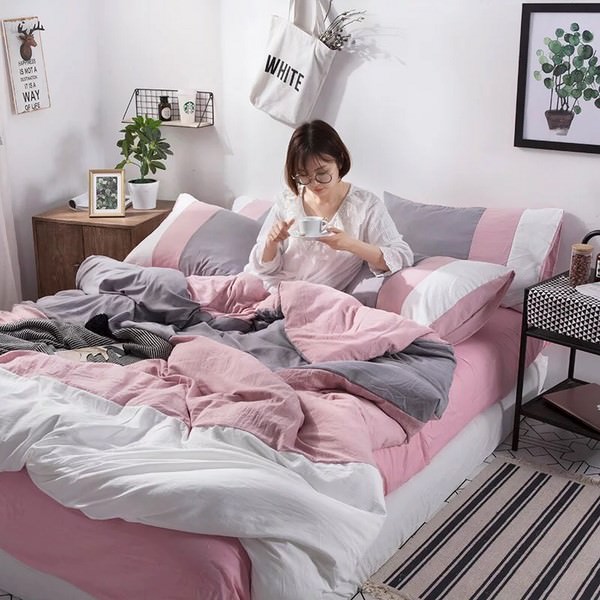 Bộ Chăn Ga Gối Cotton 3 Màu Đũi Model 2019 Muji CD1928 - Hồng Ghi