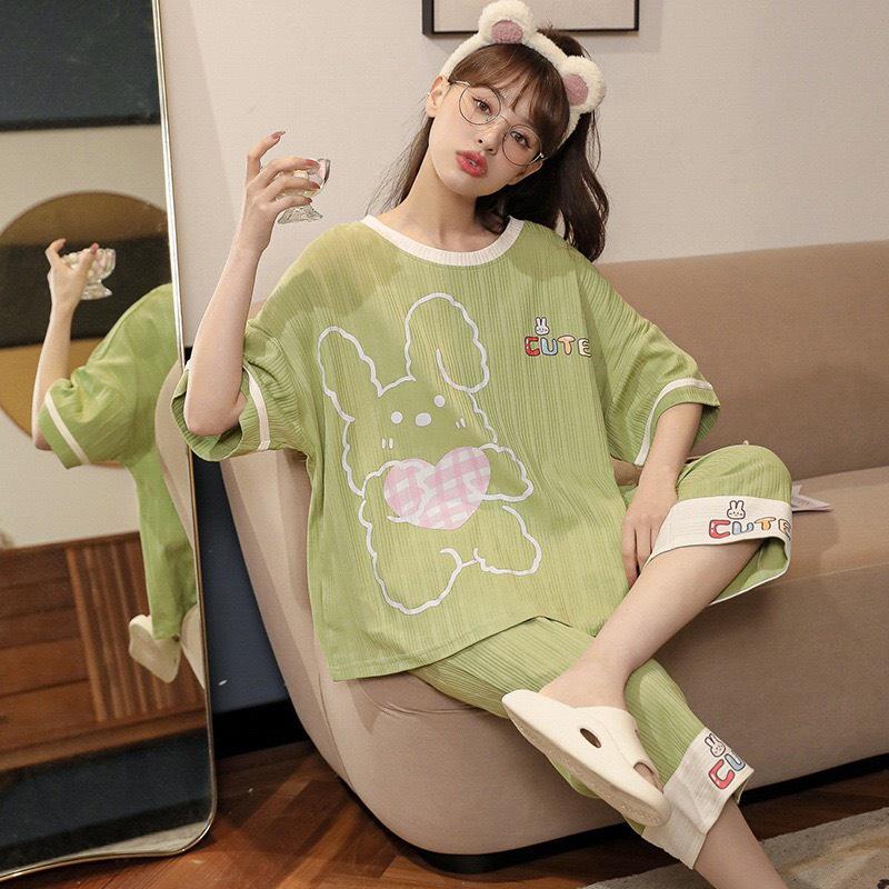 Bộ Mặc Nhà Pyjama Lửng Cộc Tay Cổ Tròn Cotton Co Dãn Mềm Mại