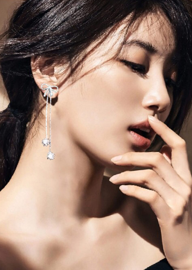 Bông Tai Bạc Ý S925 Hình Nơ Đính Đá BT60