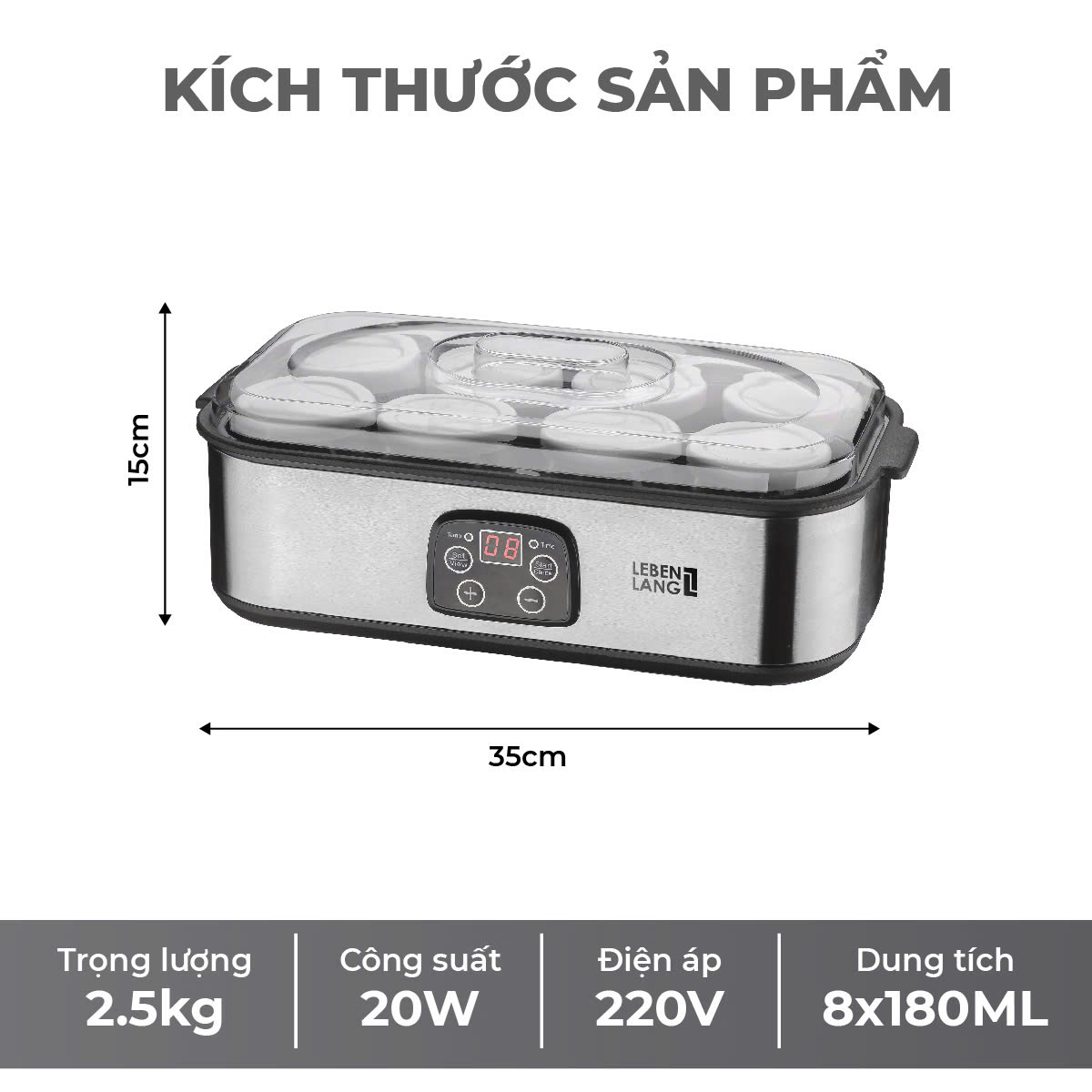 Máy Làm Sữa Chua Lebenlang LBL9140, 8 Hũ Thủy Tinh 180ml, Điều Chỉnh Nhiệt Độ & Thời Gian, 20W, Tự Ngắt, bảo hành 2 năm - hàng chính hãng