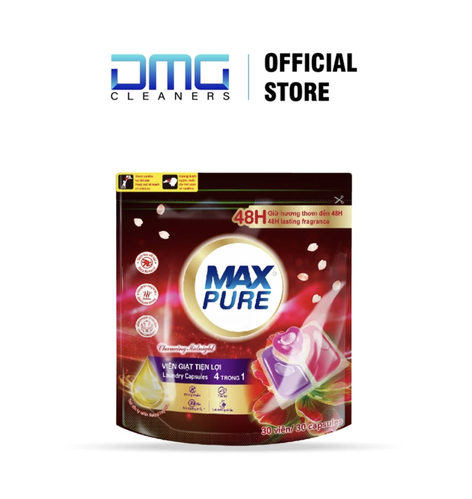 Túi 30 viên giặt tiện lợi MaxPure 4in1- hương đắm say TẶNG 1 vỉ viên treo bồn cầu hương lavender