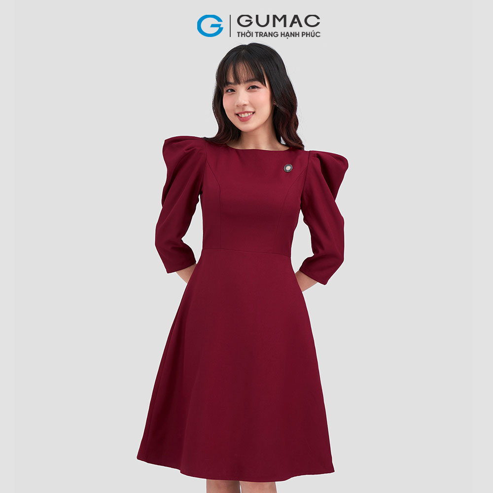 Đầm xòe GUMAC DC12008 cổ thuyền tay nhún sang trọng