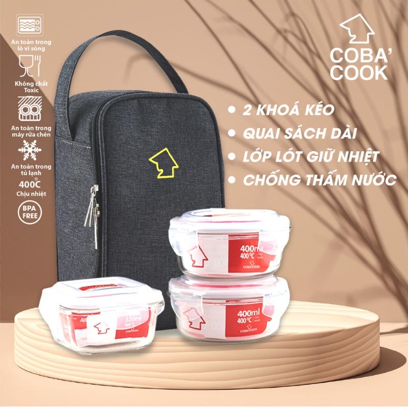 Bộ hộp thủy tinh đựng thực phẩm COBA'COOK chịu nhiệt: 2 hộp tròn 400ml và 1 hộp vuông 320ml+1 túi giữ nhiệt