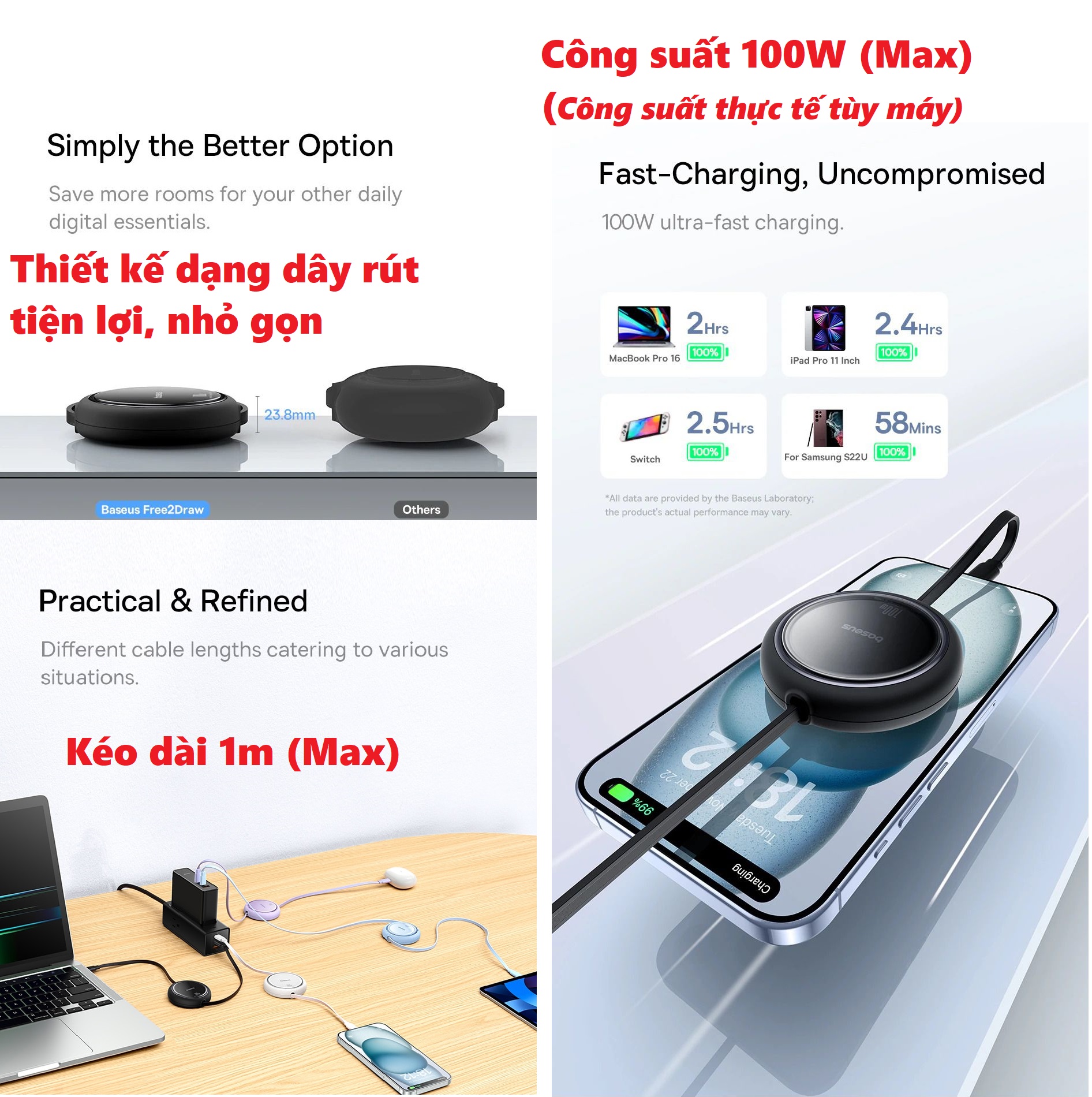 Cáp sạc dây rút C to C 100W cho macbook laptop Baseus Free2Draw Mini Retractable CB000062 _ hàng chính hãng