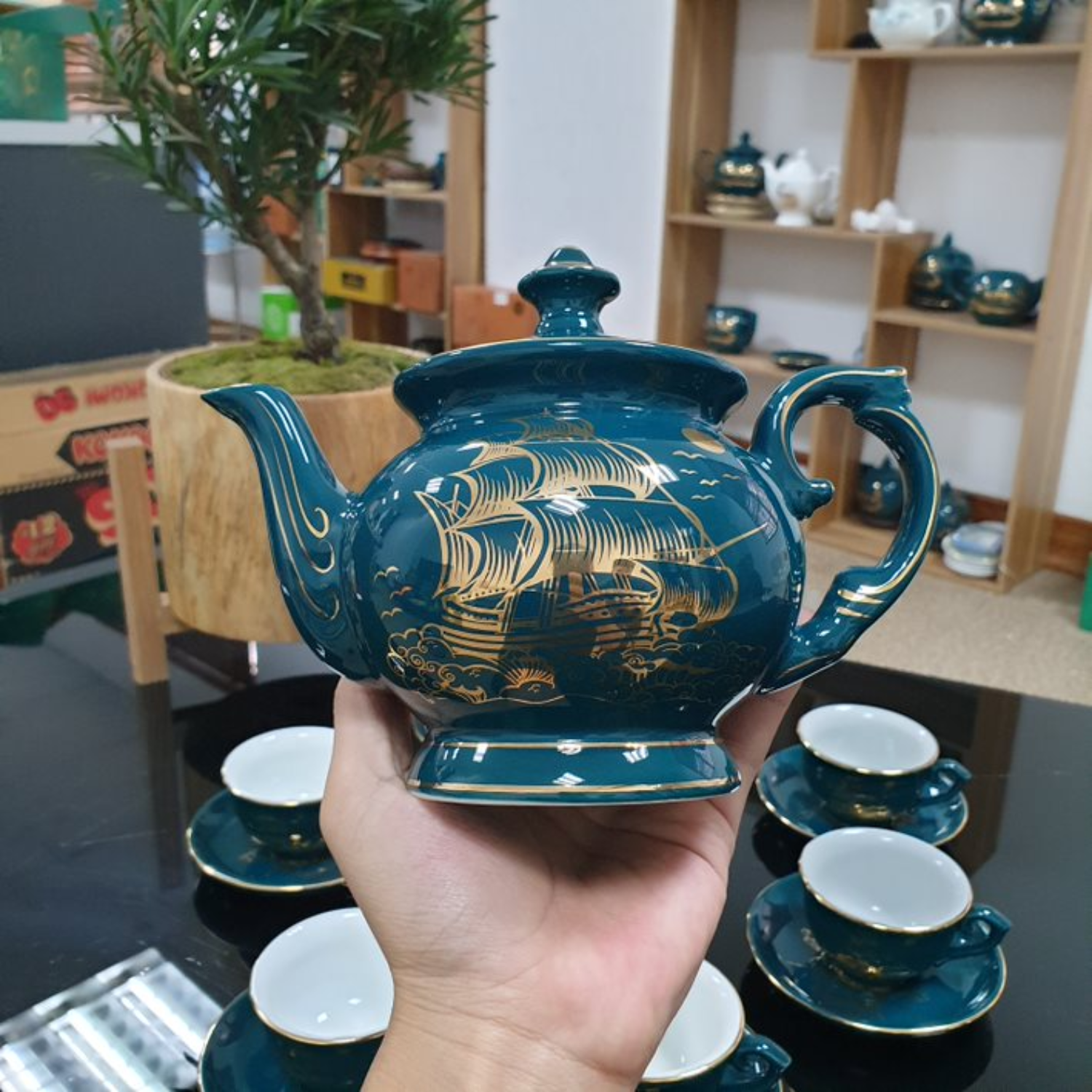Bộ ấm chén uống trà cao cấp , bộ ấm trà Bát Tràng - thuận buồm xuôi gió xanh mallard