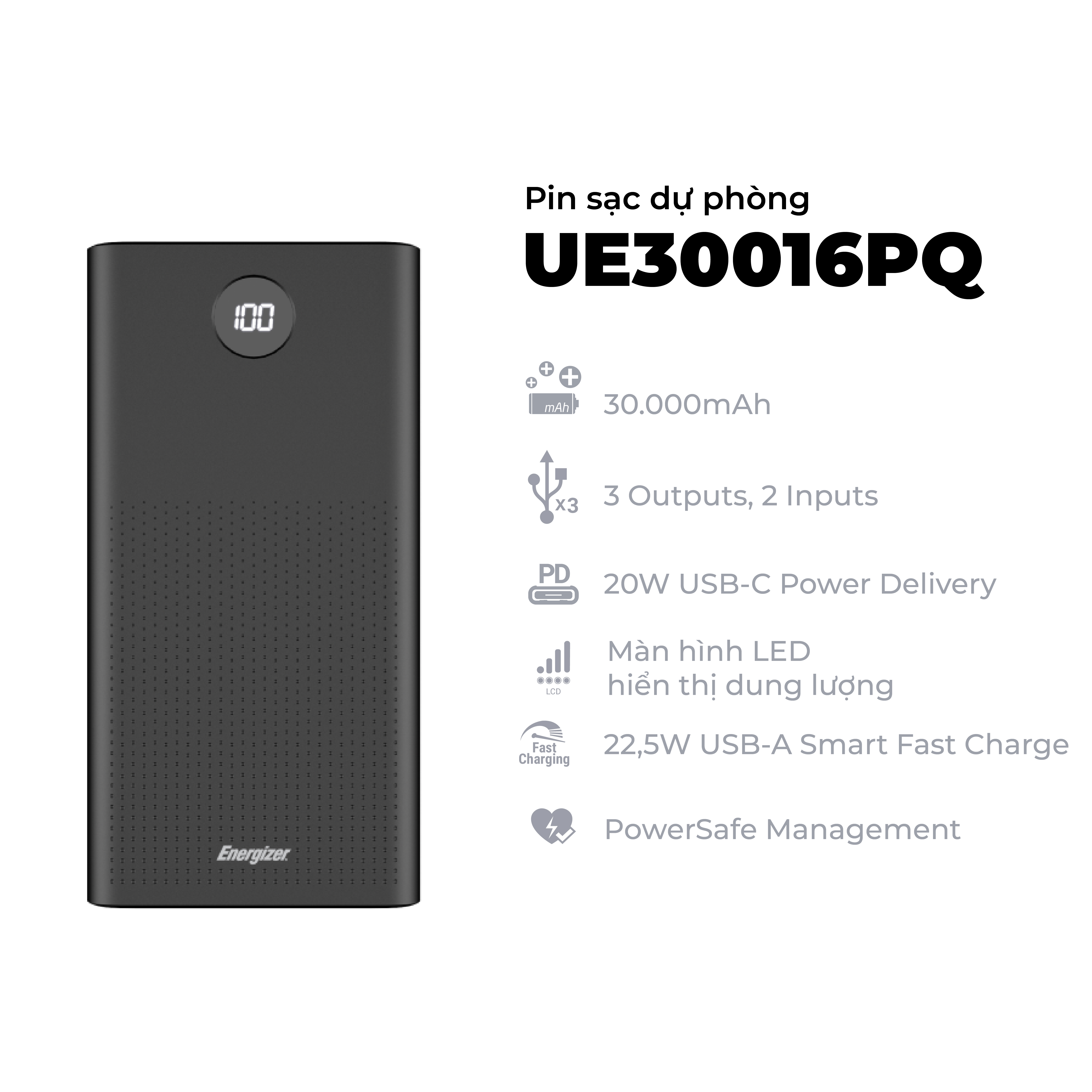 Sạc dự phòng Energizer 30000mAh UE30016PQ - tích hợp sạc nhanh 20W, 3 cổng sạc tiện lợi- Hàng chính hãng, bảo hành 2 năm