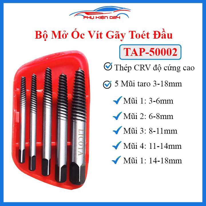 Bộ mở ốc vít gãy, toét đầu Licota TAP-50002 gồm 5 mũi taro đường kính 3-18mm