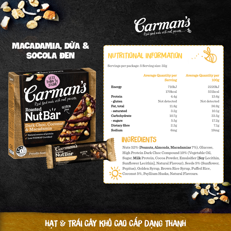 Thanh Hạt Carman's Nut Bar Dark Choc, Coconut, Macadamia - Chocolate đen, Dừa, Hạt Maca - 160g