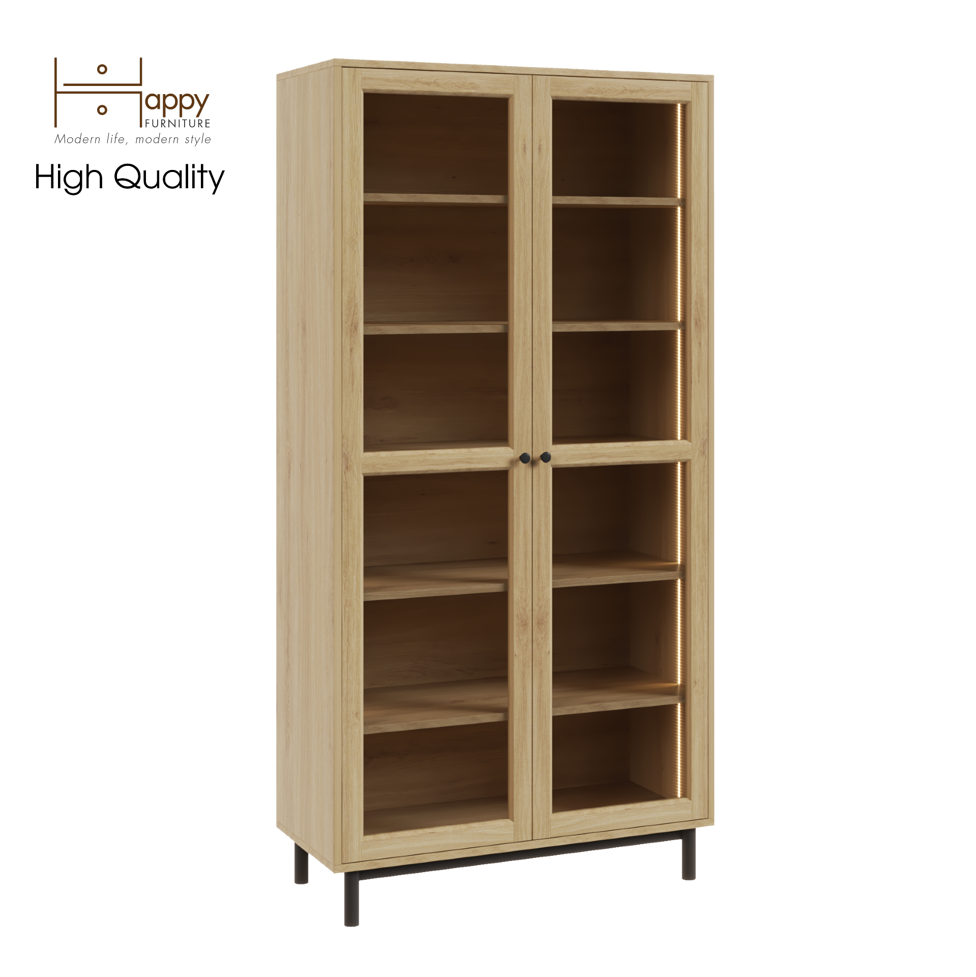 [Happy Home Furniture] CATY, Kệ sách 2 cửa kính - đèn LED - chân sắt, 90cm x 39cm x 180cm (DxRxC), KSA_021_LED