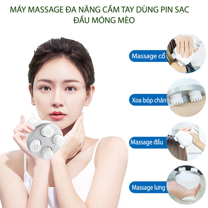 Máy massage cổ, đầu, vai gáy, chân đa năng, đầu masssge móng mèo bằng silicon, pin sạc