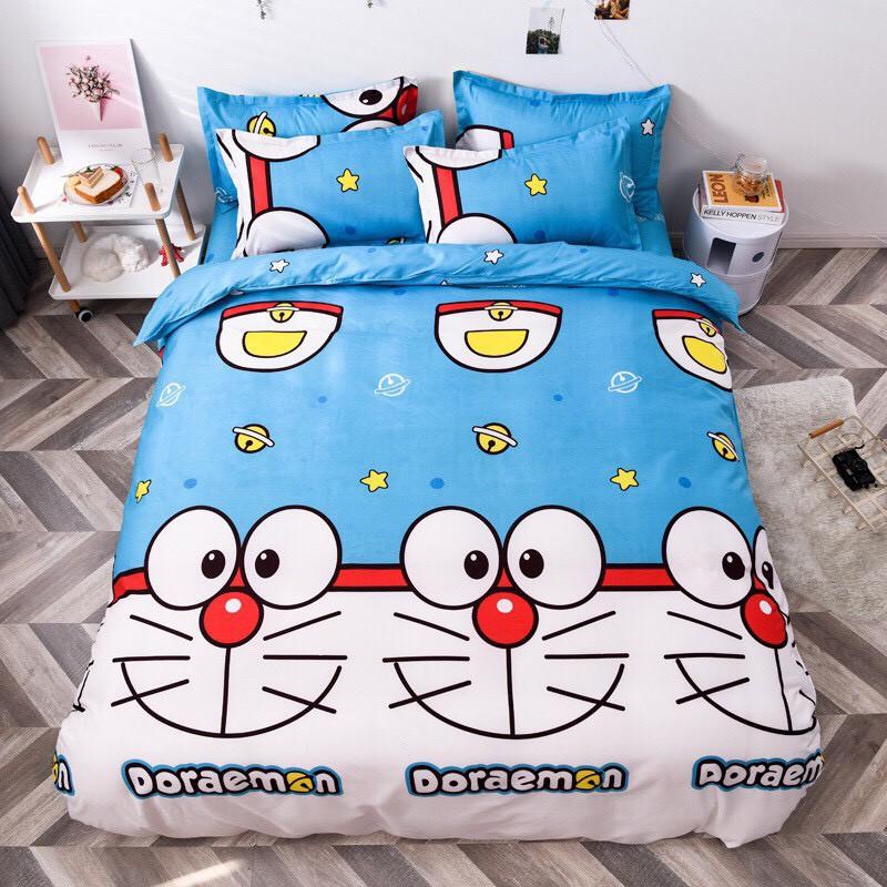 Bộ chăn ga Cotton Poly mẫu mới mặt cười ddoorremon đáng yêu - Hàng nhập khẩu