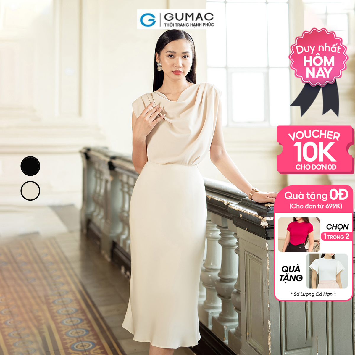 Chân váy midi lụa xòe nhẹ thanh lịch sang trọng thời trang GUMAC VD07002 - be - S