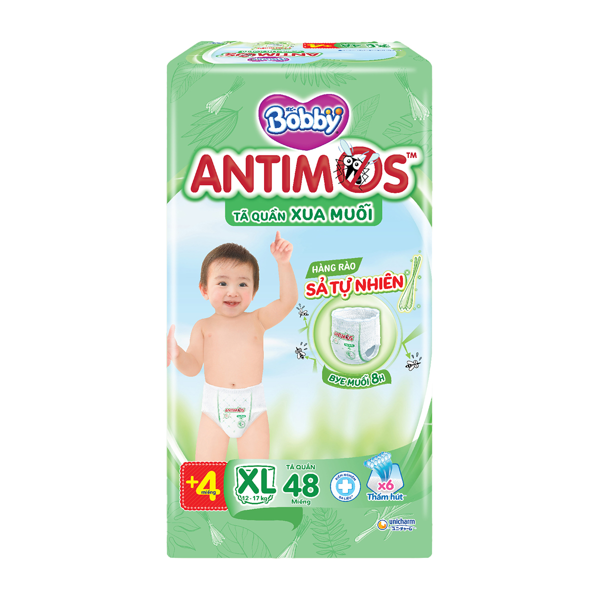 [TẶNG KÈM 4 MIẾNG] Tã Quần Xua Muỗi Bobby Antimos – Hàng rào Sả tự nhiên Bye Muỗi 8H - Size XL 48 miếng