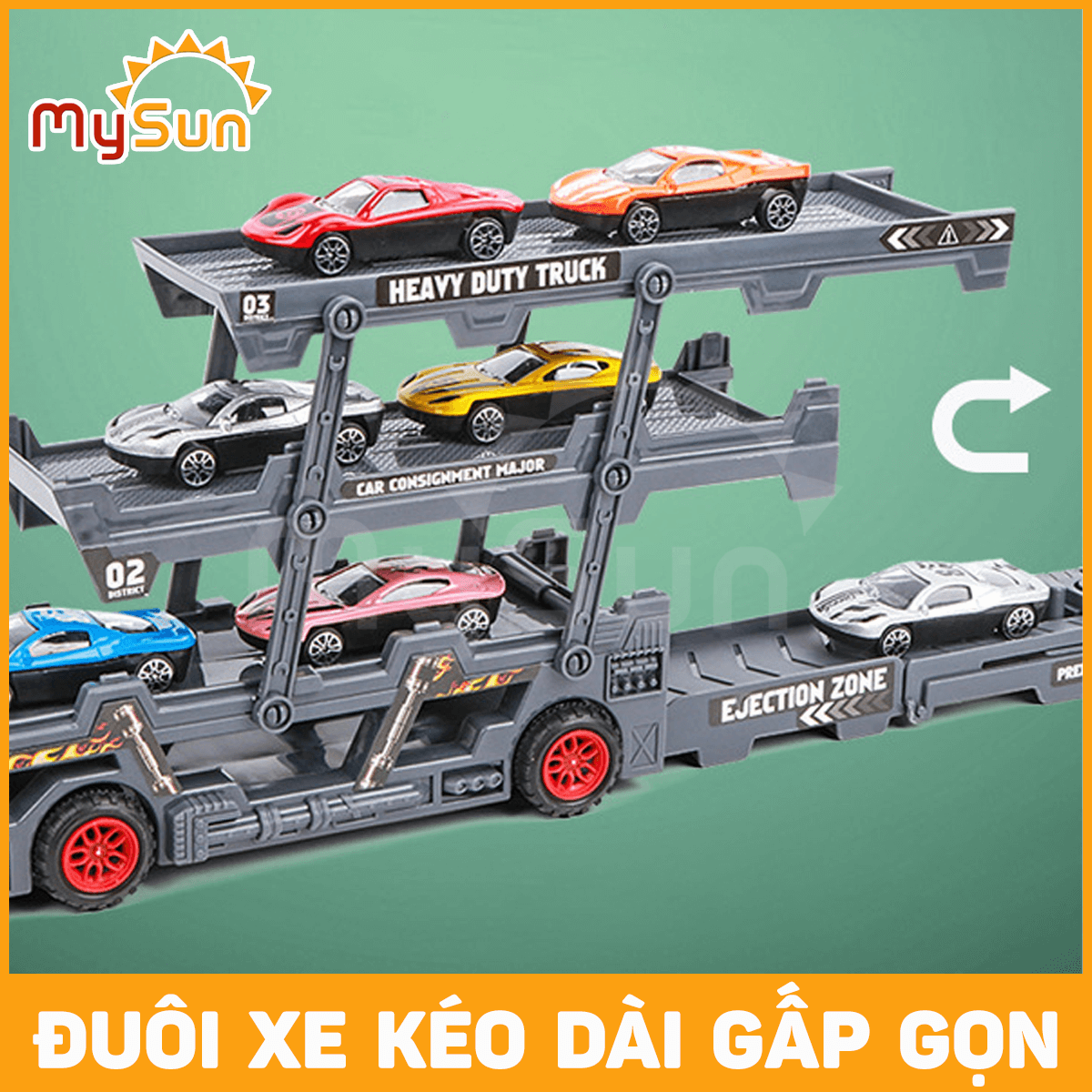 Mô hình xe tải container đầu kéo đồ chơi chở 8 ô tô cho bé MySun