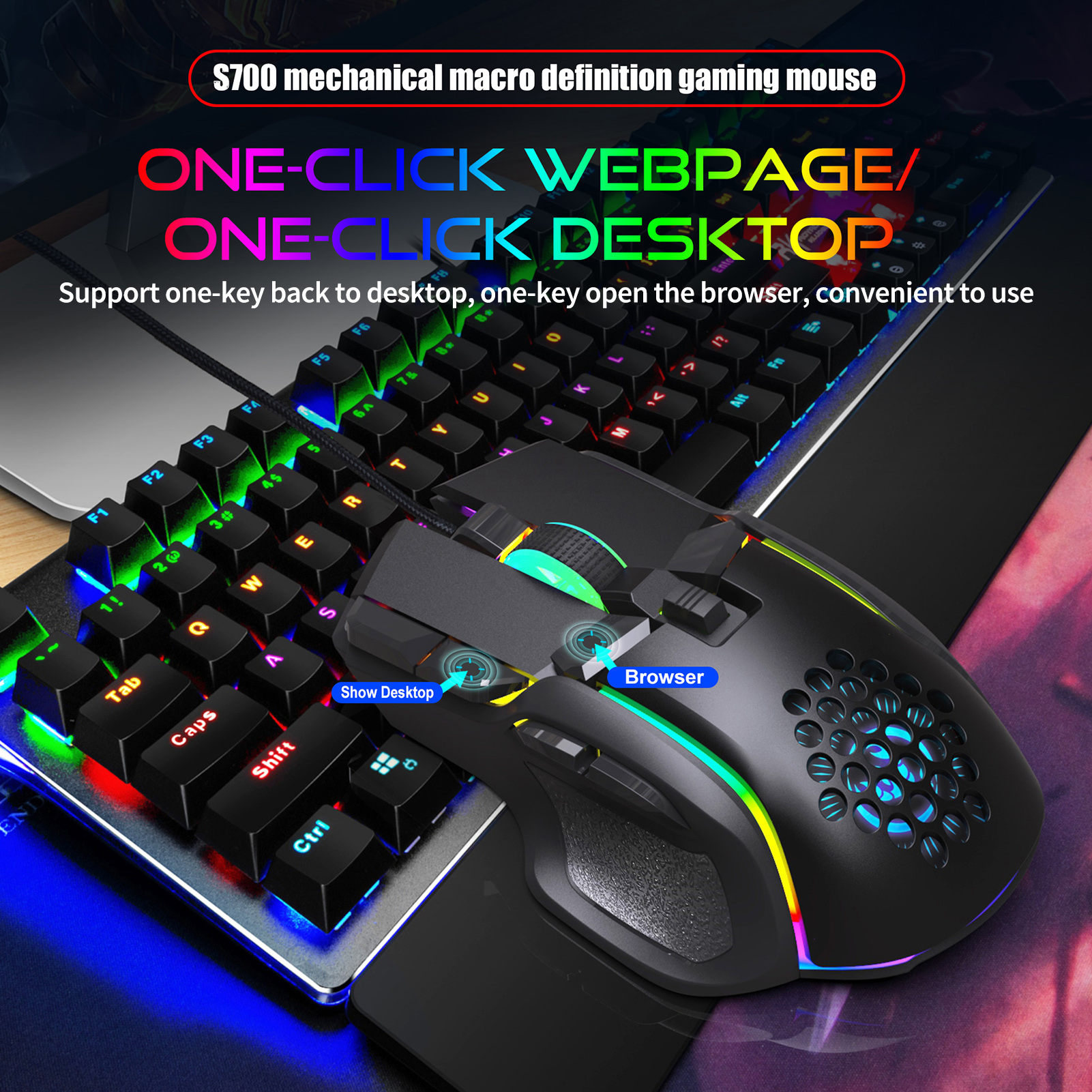HXSJ S700 10 Keys Wired Gaming Mouse Macro Programming Ergonomic Mice with 6 Adjustable DPI RGB Light Effect