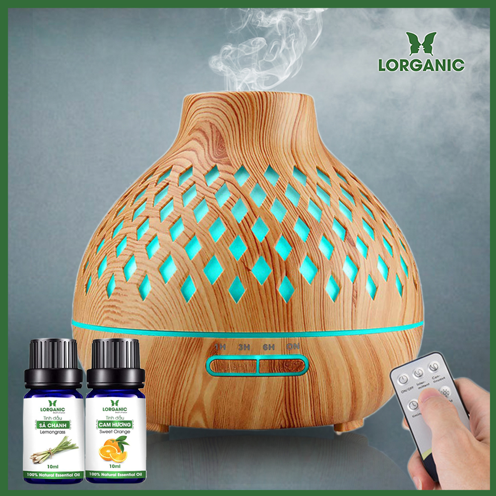 Combo máy khuếch tán/ máy xông tinh dầu núi lửa + tinh dầu sả chanh + tinh dầu cam Lorganic