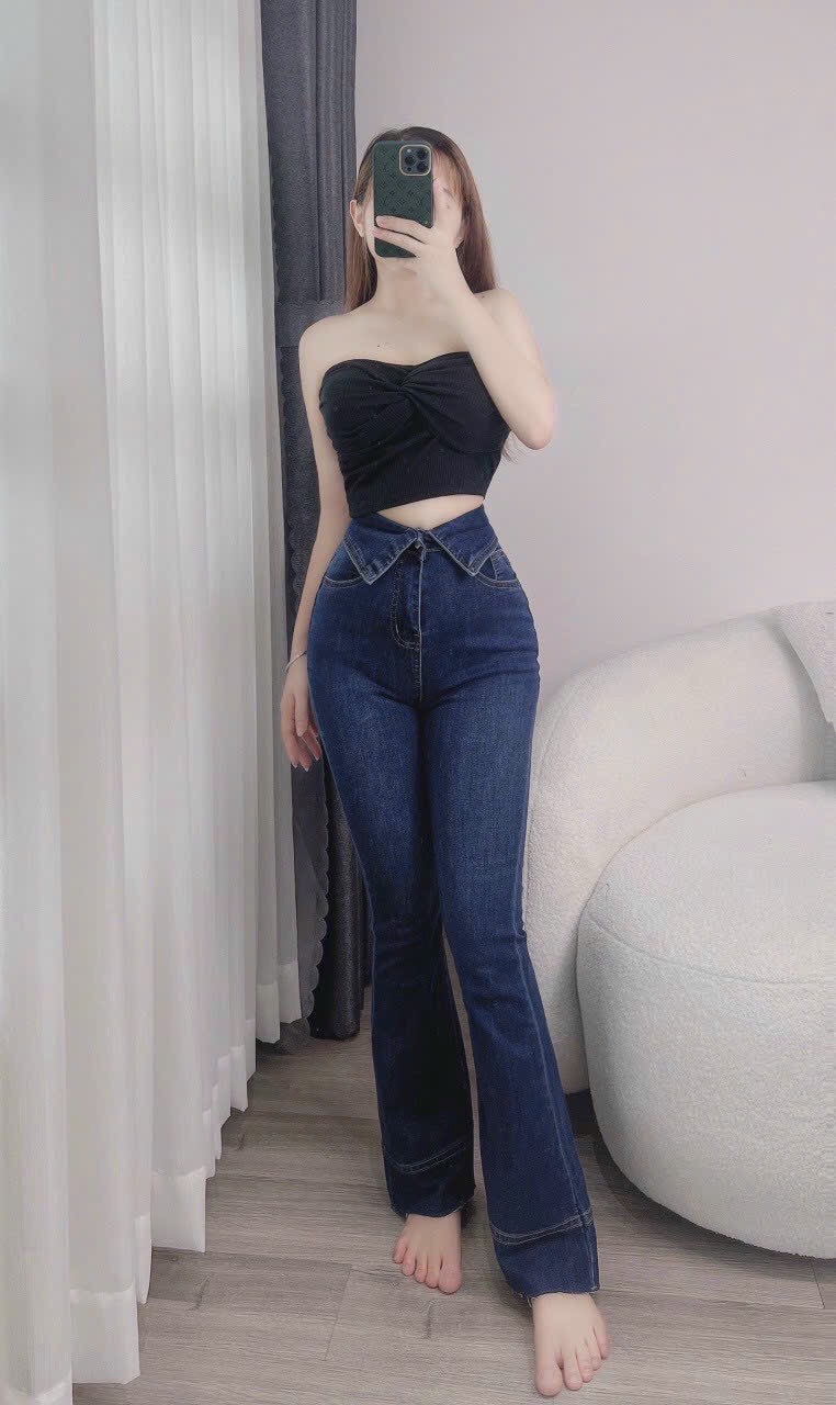 Quần jean nữ lưng cao ống bass, quần jean nữ ống loe lưng cao jean co giãn
