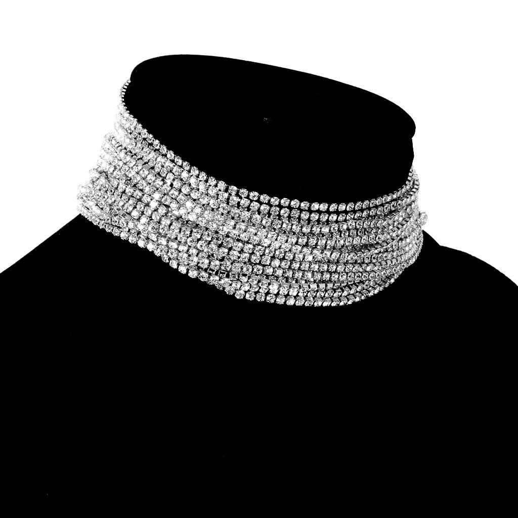Multilayer Rhinestone Choker Statement Necklace Wedding Jewelry Silver