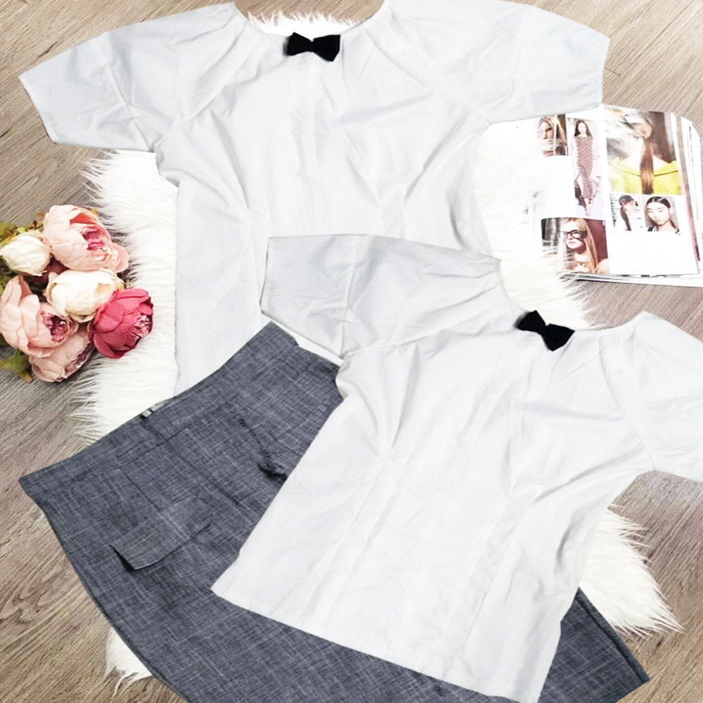 Sét Áo Trắng Tay Phồng Chân Váy Xám-Size M