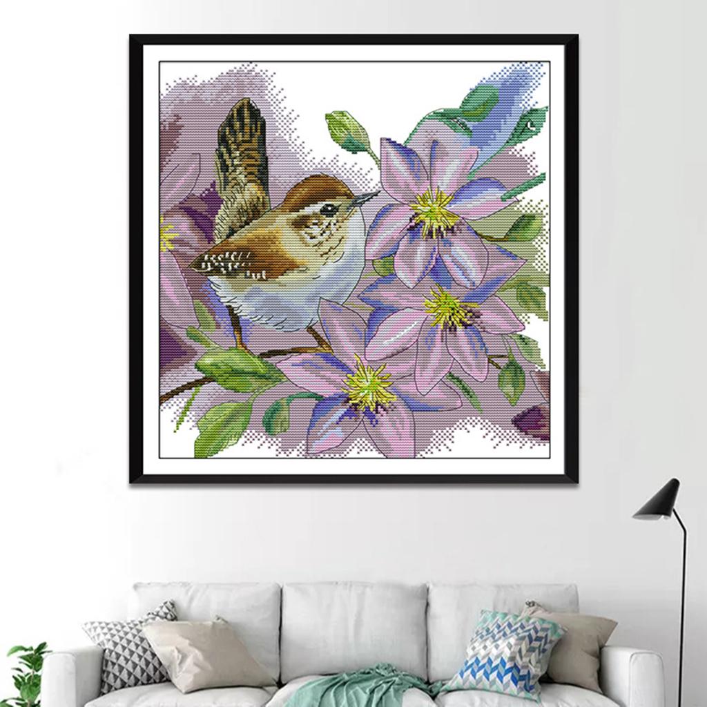 Stamped Cross Stitch Kit for Adults Printed Flower & Bird Pattern Embroidery Kit with Presorted Cotton Thread, Fabric, Needle and Instruction