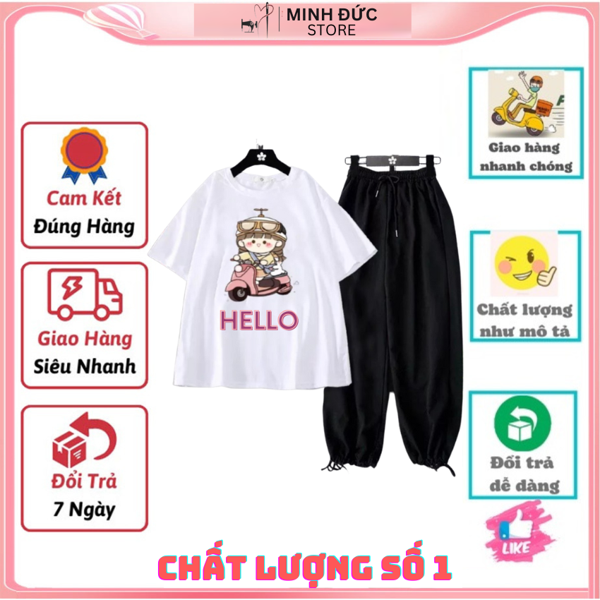 Sét Bộ Nữ Mặc Đi Chơi, SS05 Sét Đồ Nữ Đi Chơi Đẹp In Hình Cô Gái Lái Xe Dễ Thương, Sét Áo Vải Cotton, Và Quần Cá Tính