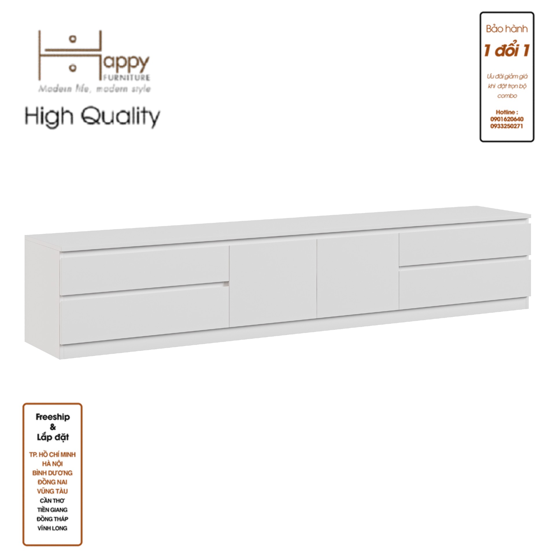 [Happy Home Furniture] OLA , Kệ TV 4 ngăn kéo - 2 cánh mở , 220cm x 40cm x 42cm ( DxRxC), KTV_022