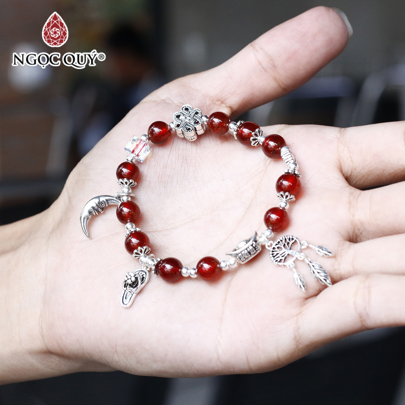 Vòng tay đá garnet ngọc hồng lựu AAA phối charm bạc size hạt 7mm mệnh hỏa, thổ - Ngọc Quý Gemstones