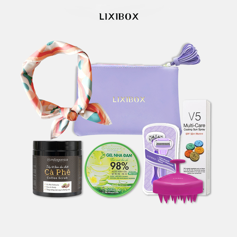 [HB Gift] Set 2 dao cạo Lixibox, Gel Dưỡng Ẩm Nha Đam, Tẩy Tế Bào Chết, Xịt Chống Nắng, Túi Đựng Mỹ Phẩm Lixibox, Lược gội đầu, Khăn Vuông