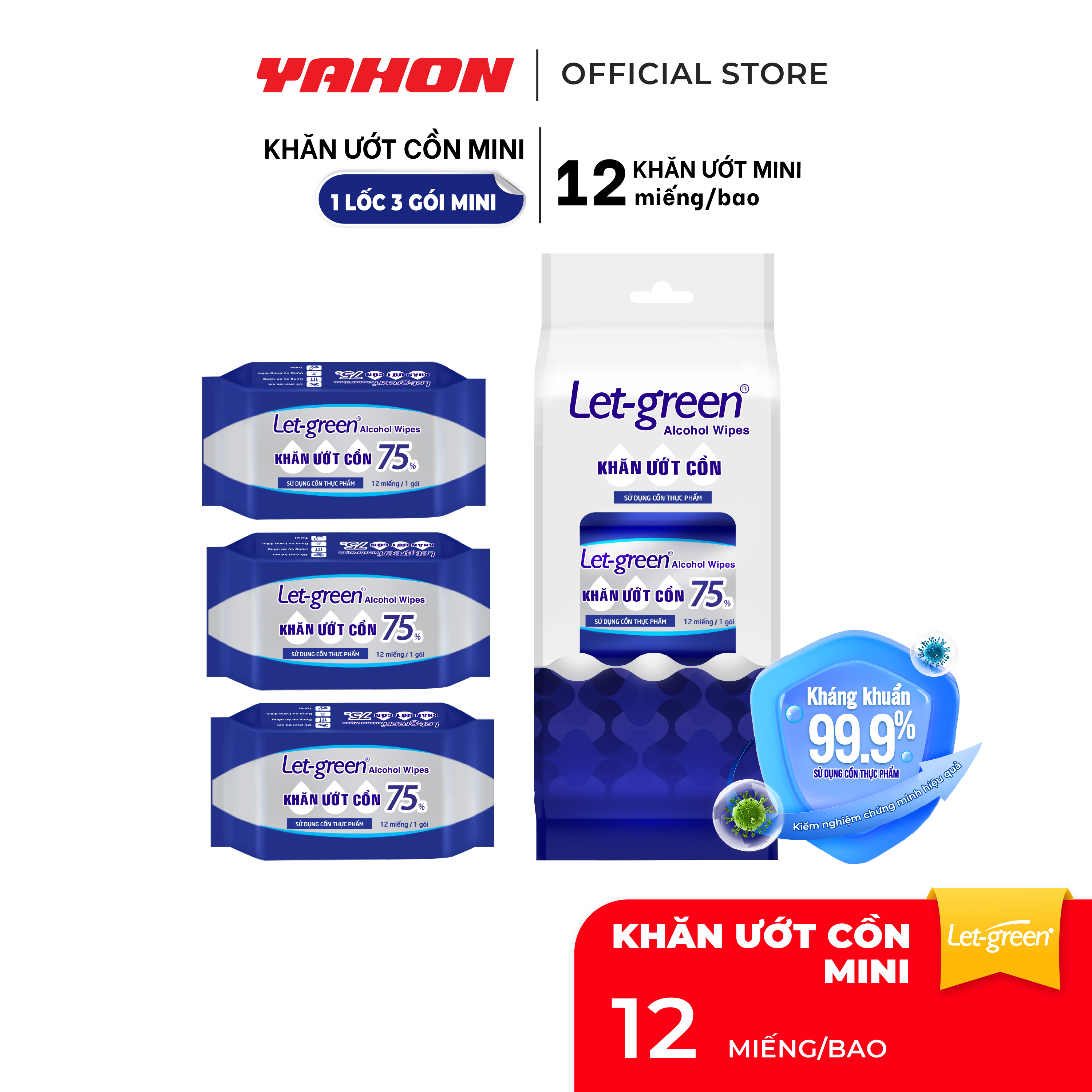 Lốc 3 Gói Khăn Ướt Cồn Mini LET-GREEN 12 Miếng | Nhỏ Gọn, Tiện Lợi