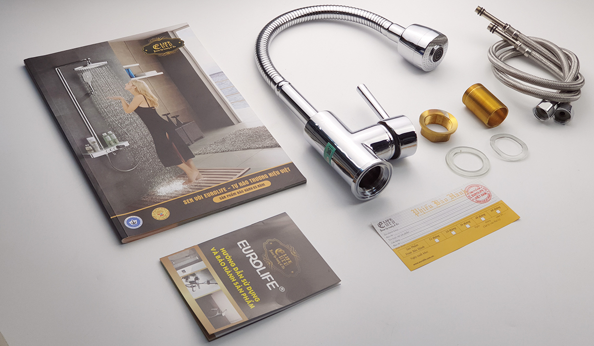 Vòi rửa chén nóng lạnh cần lò xo Đồng mạ Chrome Eurolife EL-KM03