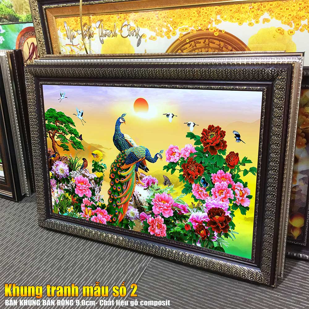 Tranh treo tường phòng khách, phòng ngủ Chim công PHÚ QUÝ BÌNH AN chất liệu pvc gương / lụa kim sa. MS:3389L9
