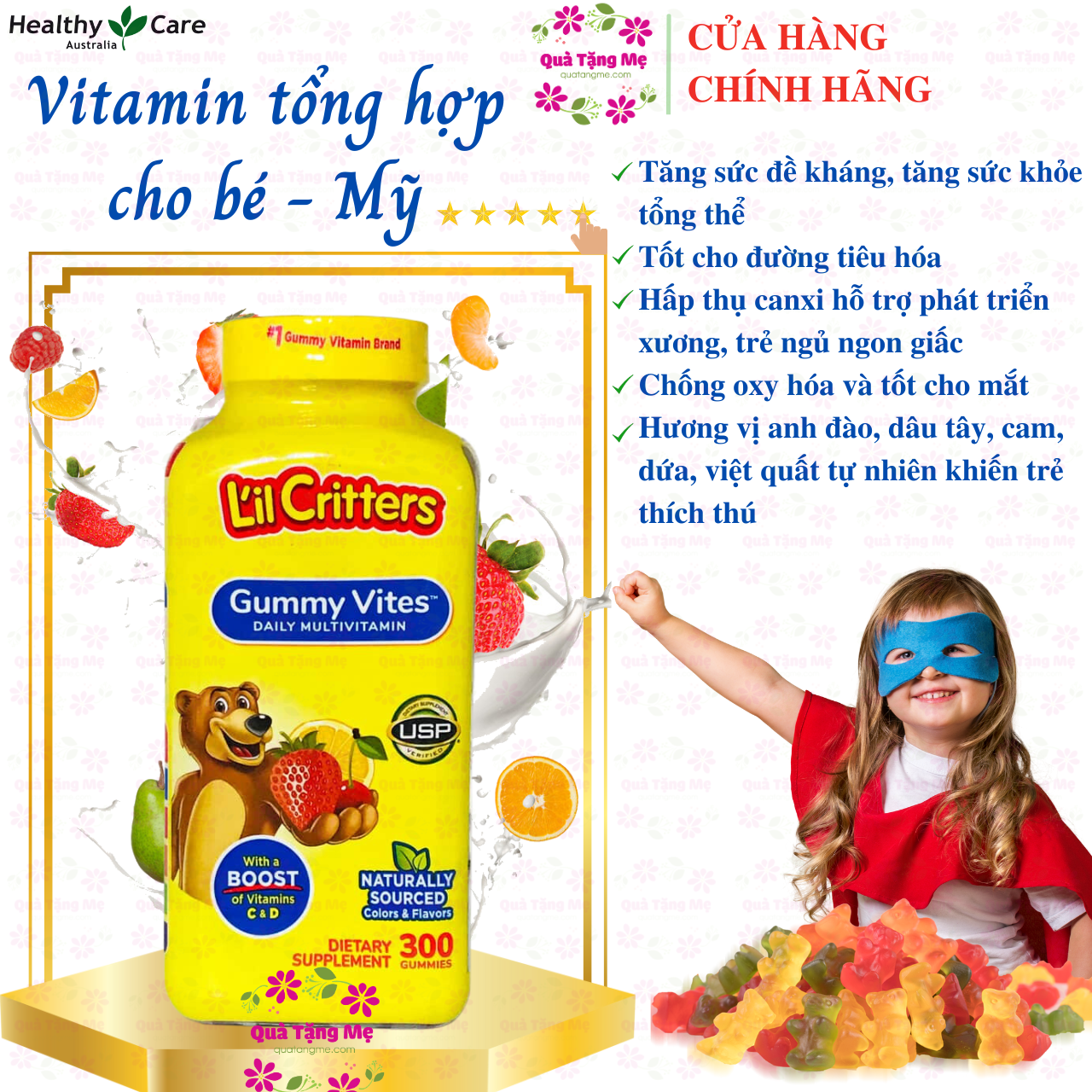 Vitamin tổng hợp cho trẻ L'il Critters Gummy Vites Daily Mỹ chứa vitamin và khoáng chất hỗ trợ miễn dịch, mắt, chống oxy hóa và tăng sức khỏe tổng thể - QuaTangMe Extaste