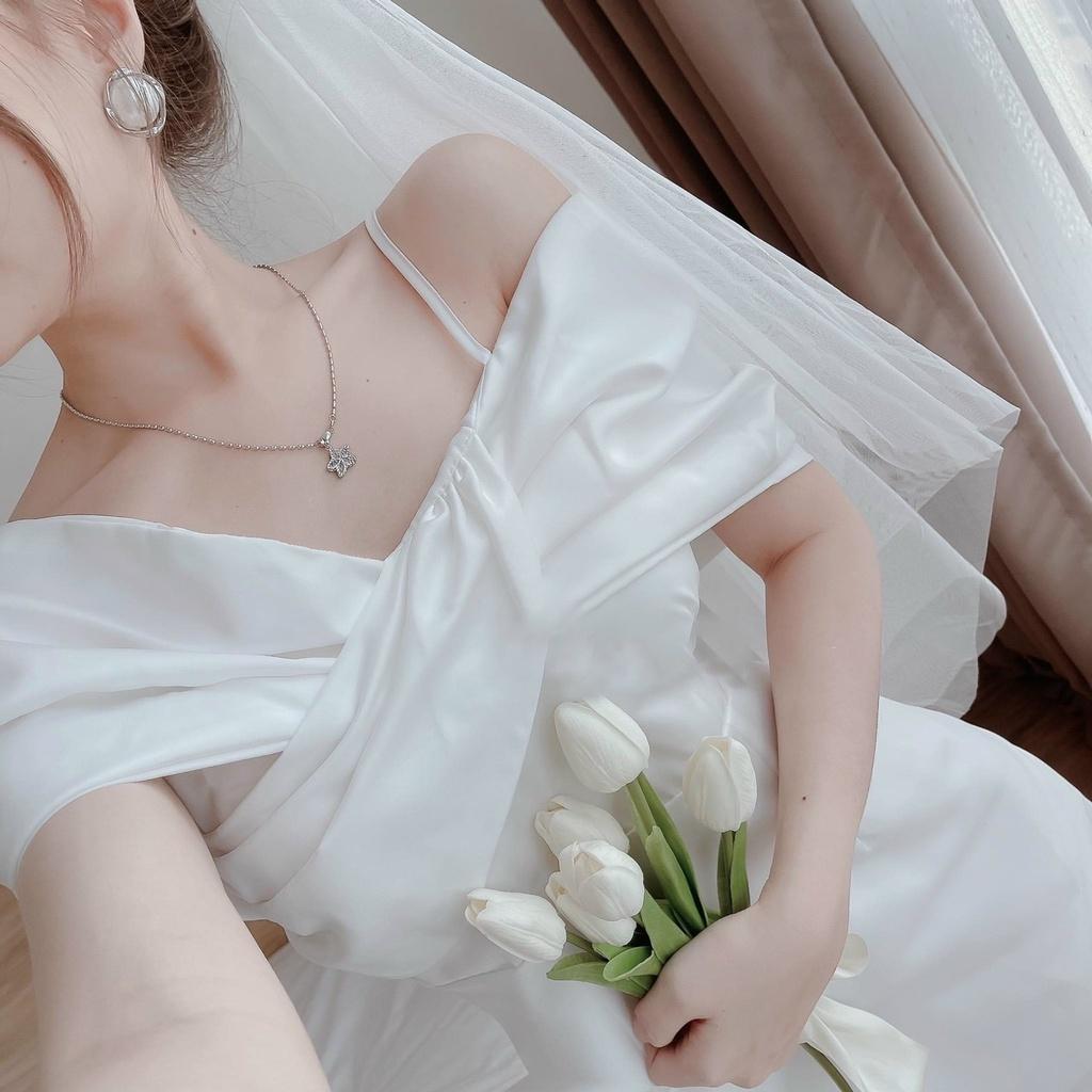 Đầm đỏ 2 dây trễ vai xoắn nơ ngực váy cưới cô dâu mẫu nina lê dự tiệc