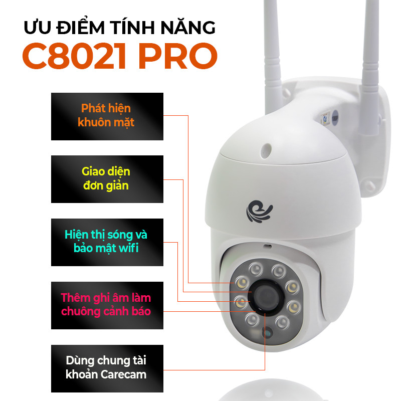 Camera Wifi Quan Sát Ngoài Trời, Có Chống Nước, Độ Phần Giải 2.0Mpx, Dùng App CARECAM PRO, Ban Đêm Có Màu, Model CC8021 PRO - Chính Hãng