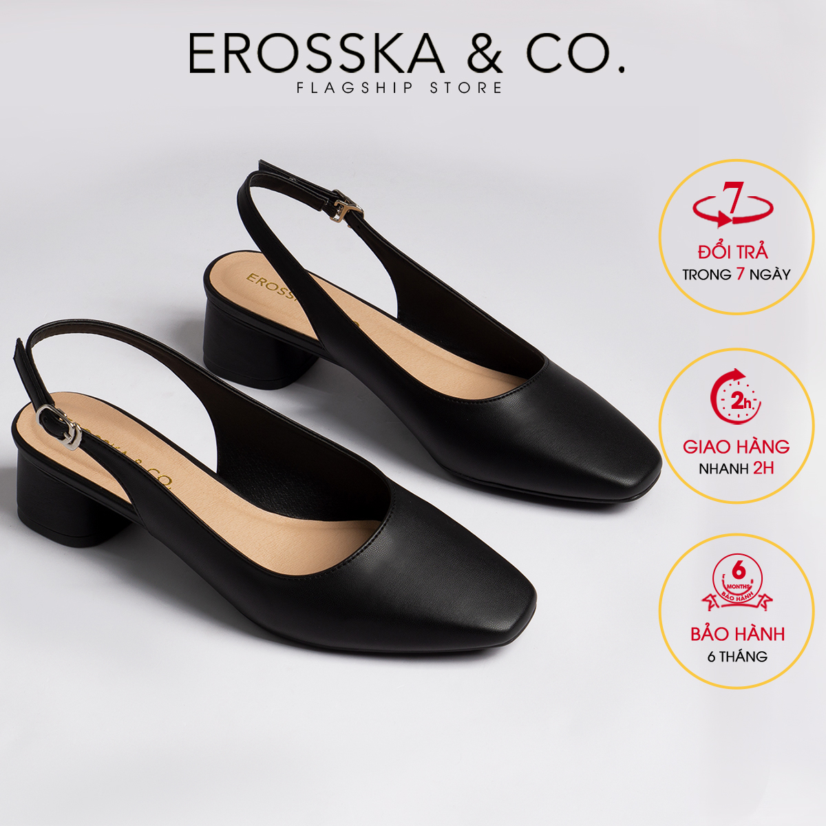 Giày nữ, giày cao gót slingback Erosska mũi vuông kiểu dáng basic gót vuông vững chắc cao 5cm - EL013