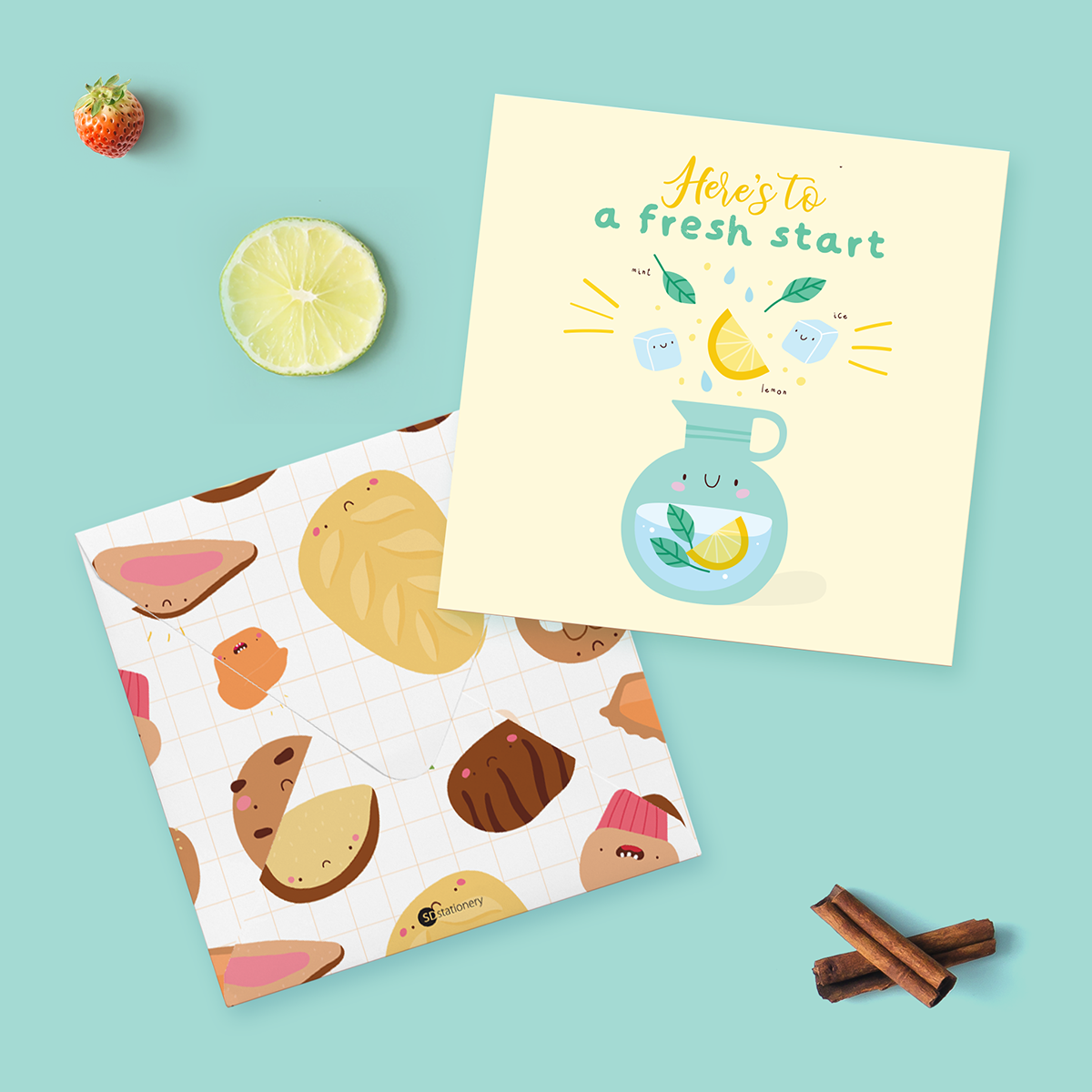 Set 6 thiệp tặng bạn bè, chúc mừng, chúc may mắn, động viên SDstationery TASTY TREAT 12x12 minh họa dễ thương cute cho tâm hồn ăn uống