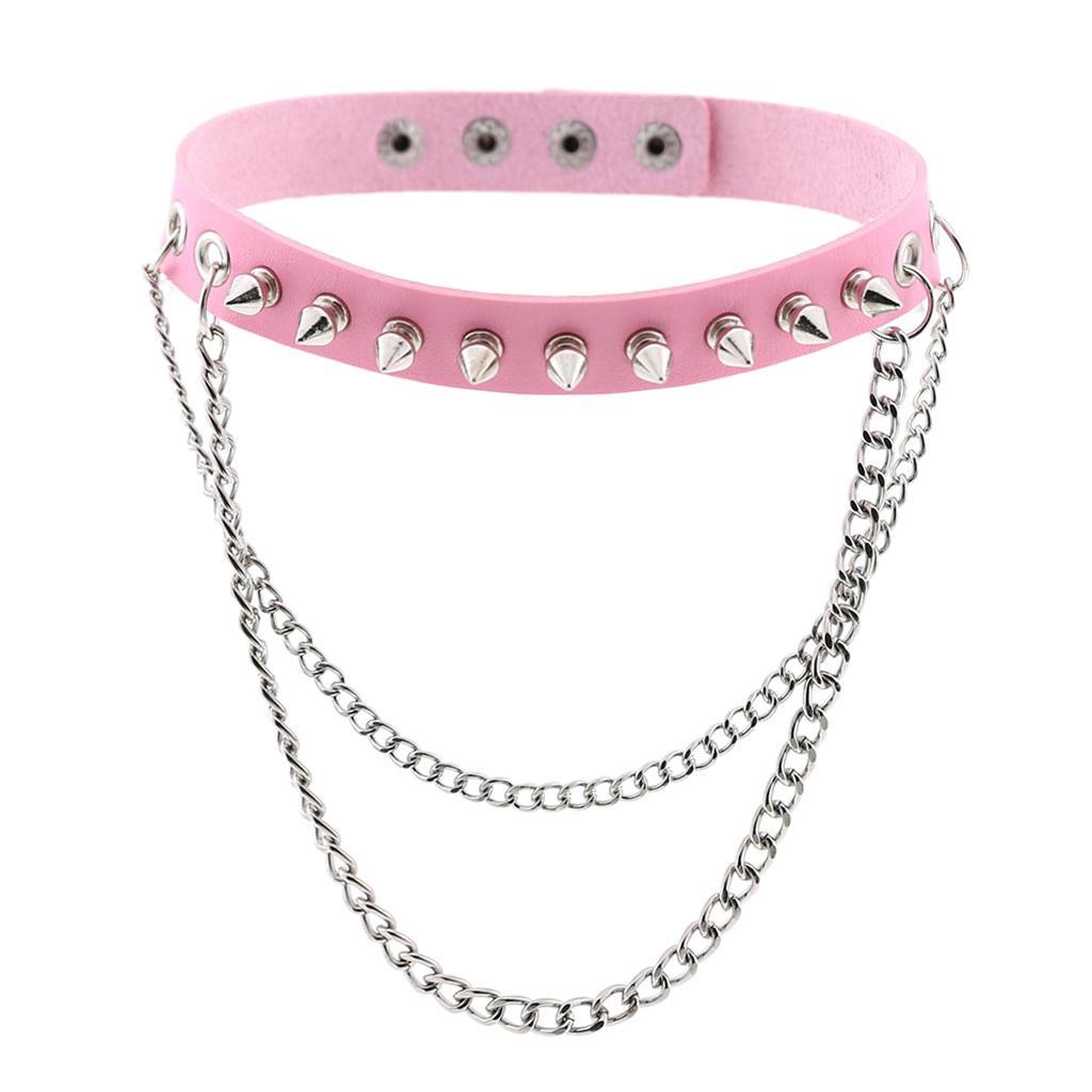 Womens Mens Punk Gothic Collar Choker PU Leather  Rivet Necklace Pink