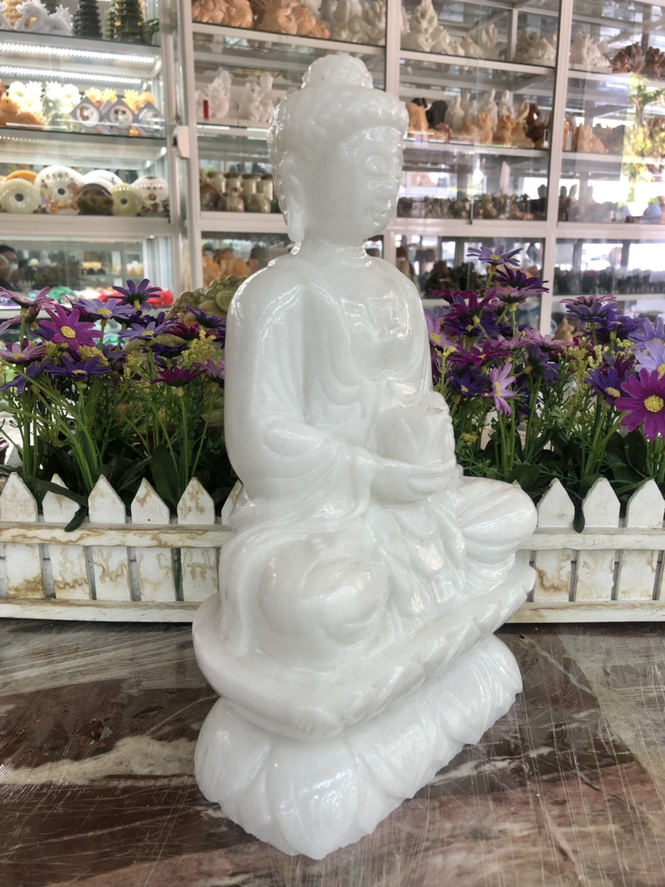 Tượng Phật A Di Đà ngồi đài sen đá cẩm thạch trắng - Cao 30 cm