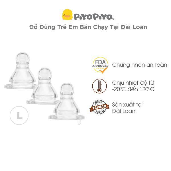 Bộ 3 núm ty silicone cổ tiêu chuẩn chống đầy hơi Piyo Piyo, size S, M, L, XL cho trẻ sơ sinh đến 3 tháng tuổi