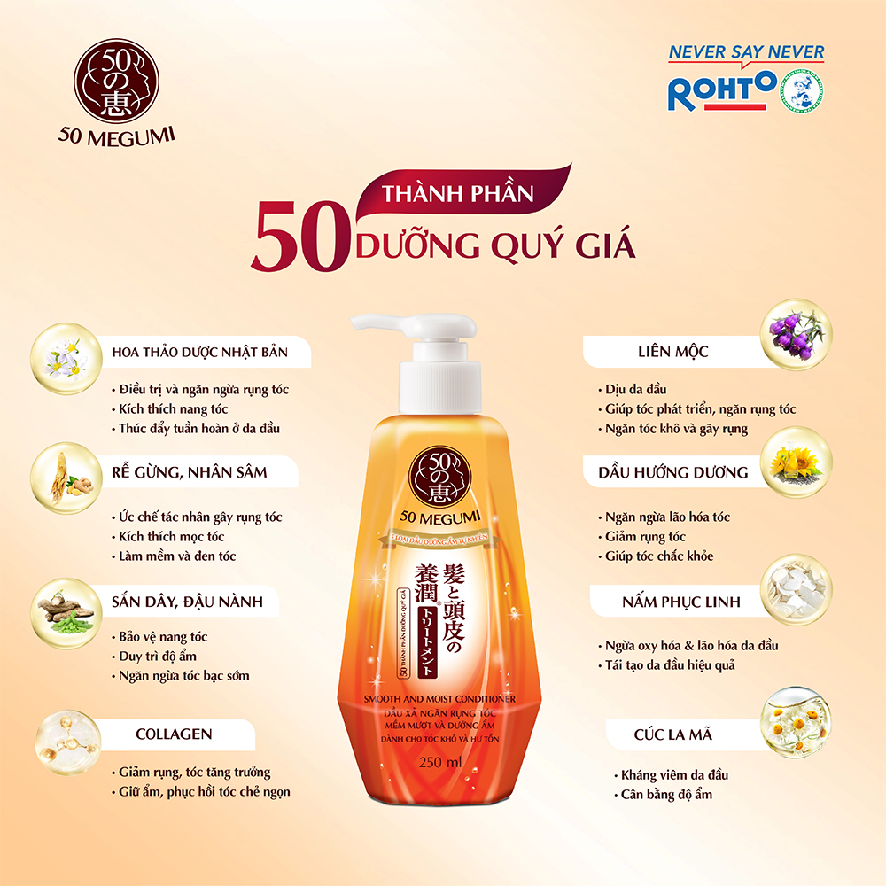 Dầu Xả Mềm Mượt Và Dưỡng Ẩm 50 Megumi Smooth And Moist Conditioner 250ml