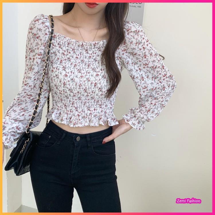 Áo Sơ Mi Nữ Croptop Chất Voan Chiffon Hoạ Tiết Hoa Nhí Ulzzang