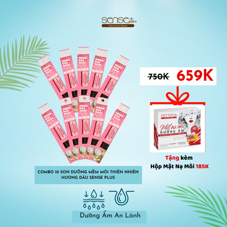 COMBO 10 SON DƯỠNG MÔI NAKED KISS BALM SENSE PLUS HƯƠNG DÂU + TẶNG HỘP MẶT NẠ MÔI