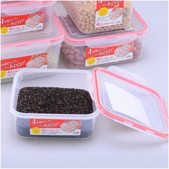 Combo 4 hộp nhựa chữ nhật bảo quản thực phẩm Inomata - Có khóa nắp 4 chiều
