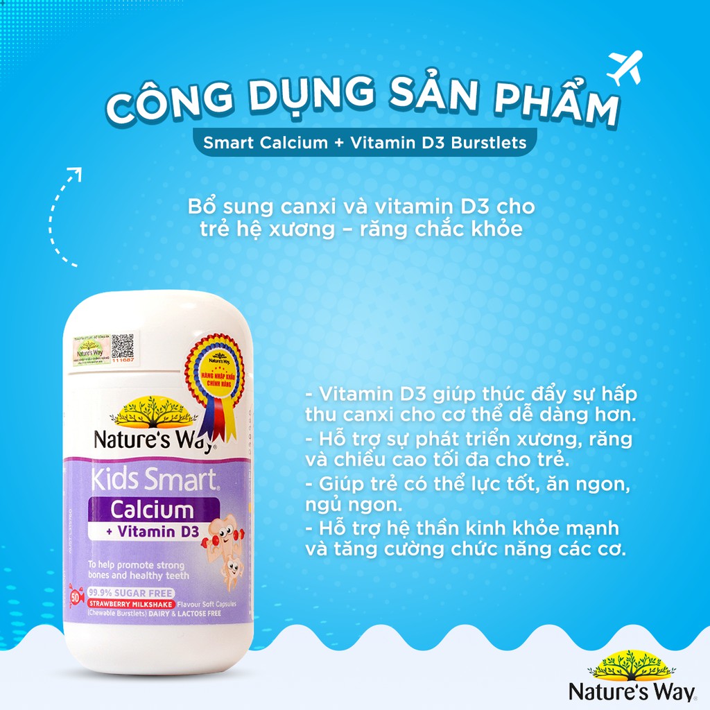 Viên Nhai Cho Bé Nature’s Way Kids Smart Calcium + Vitamin D3 Burstlets Bổ Sung Canxi Phát Triển Chiều Cao 50 Viên