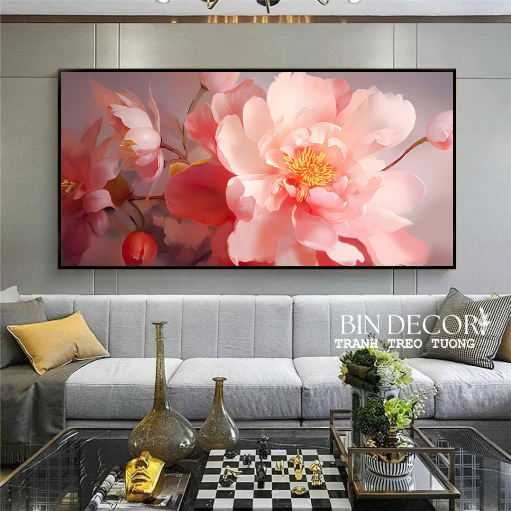 (ẢNH THẬT) Tranh treo tường hoa mẫu đơn hồng có sẵn khung kèm đinh