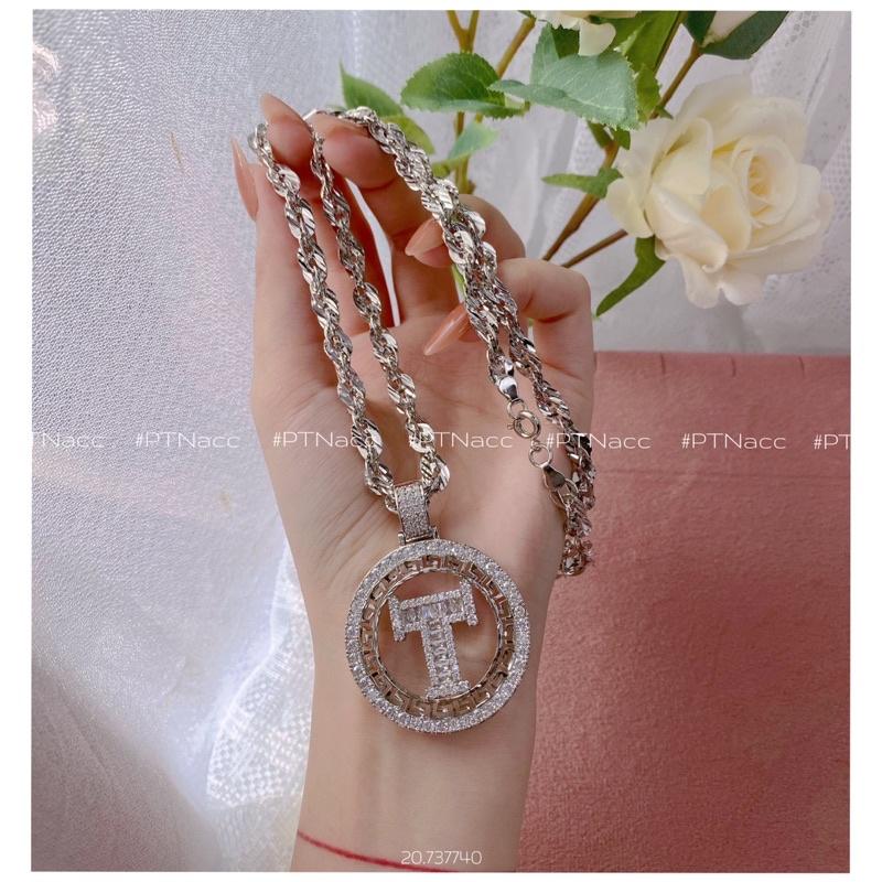 ᴾᵀᴺᵃᶜᶜ Dây chuyền bạch kim xoắn lá phối mặt T đá paget
