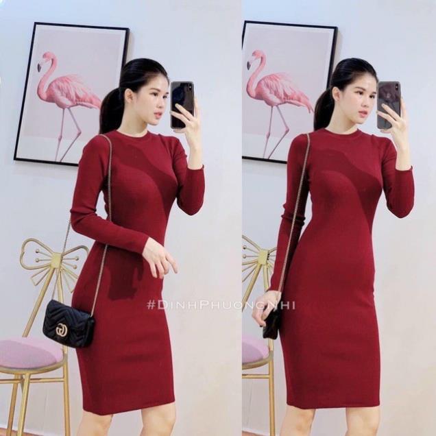 Váy body dài tay cổ tròn chất cotton tăm điệu đà
