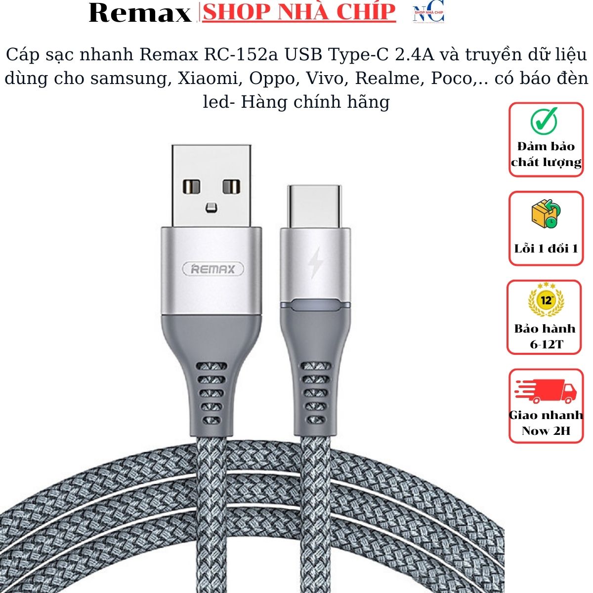 Cáp sạc nhanh Remax RC-152a USB Type-C 2.4A và truyền dữ liệu dùng cho samsung, Xiaomi, Oppo, Vivo, Realme, Poco,..  có báo đèn led- Hàng chính hãng
